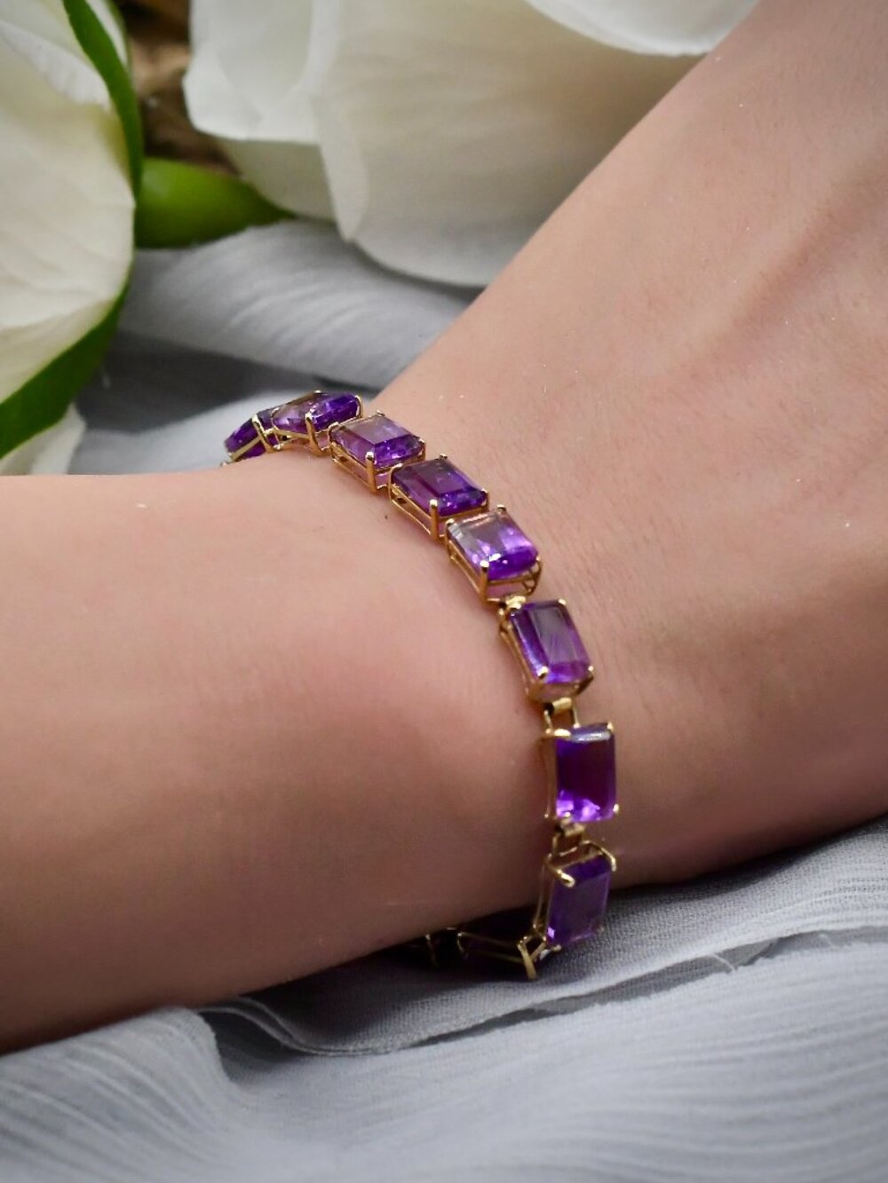 14K Gold 7x5mm Emerald Cut Deep Purple Amethyst Tennis Bracelet 6" Petite 6.3g